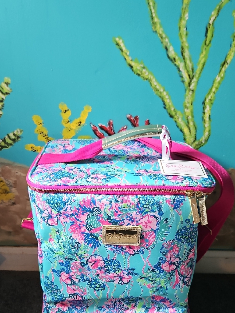 Lilly Pulitzer Turquoise & Pink Floral Wine Carrier